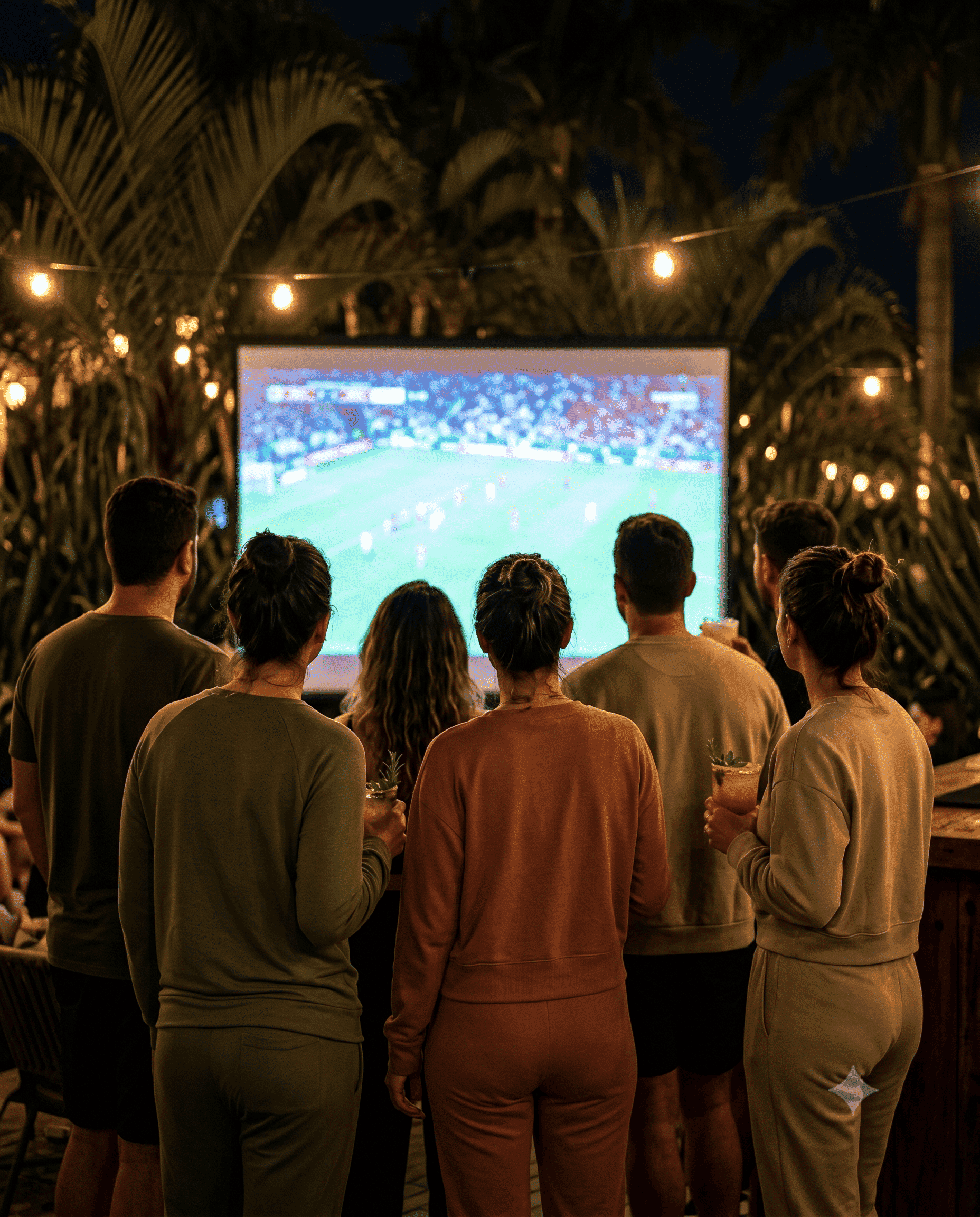 Comunidade reunida assistindo o jogo do Brasil no lounge do festival