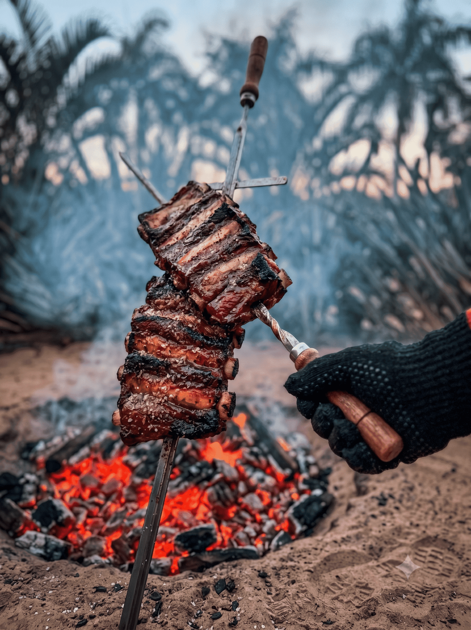 Fogo de chão com chef em preparo